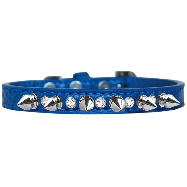 Silver Spike & Clear Jewel Croc Dog CollarBlue Size 14